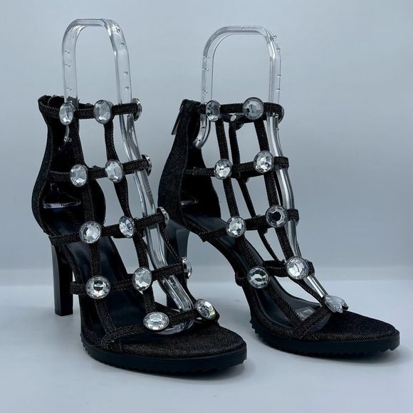 KARL LAGERFELD Beatriz Faux Crystals Heel Sandals in Black Size 10 NWOT - Picture 7 of 15